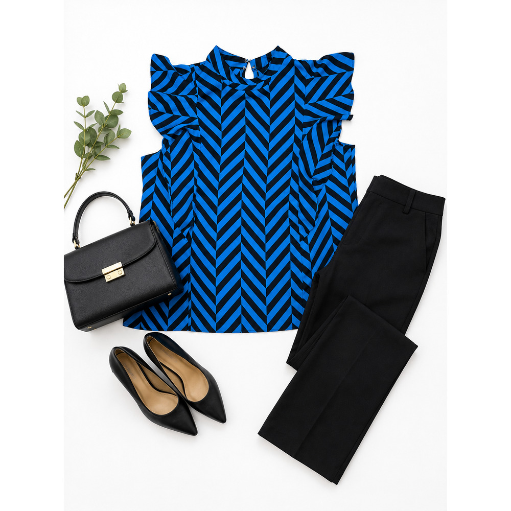 Worthington Petite Blue Black Chevron Stripe Flutter Sleeve Blouse Top PL